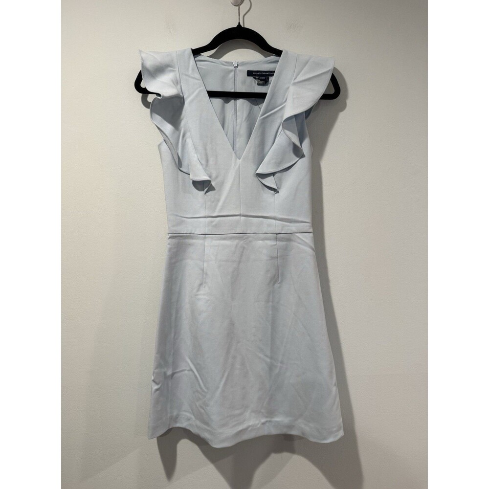 NEW French Connection Dress Womens 2 Light Blue Ruffle Going Out Party Minimal